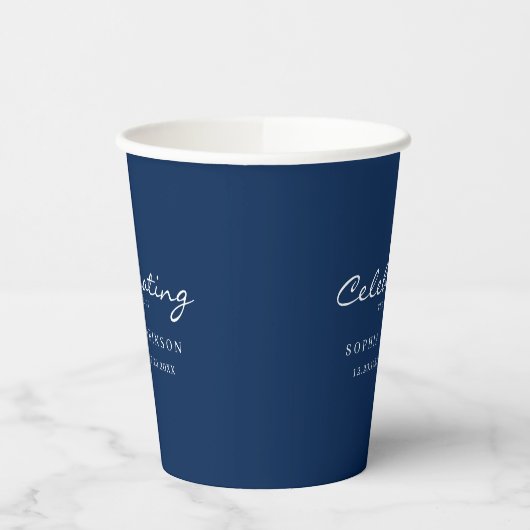 Feier des Lebens Elegante Skriptbeerdigung Blau Pappbecher (Links)