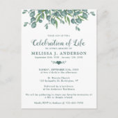 Feier des Lebens Eukalyptus Grüne Beerdigung Einladungspostkarte (Vorderseite)