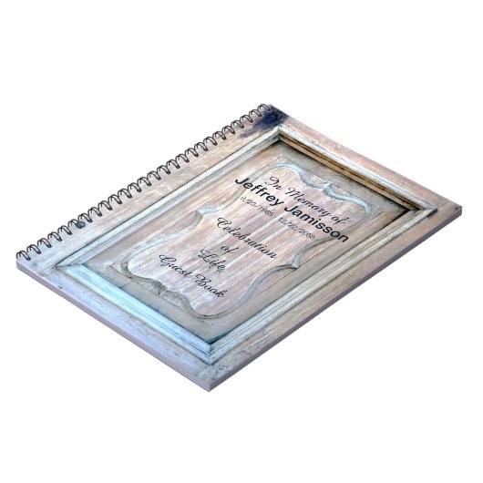 Feier des Lebens Gästebuch, alte Holztüre Notizblock (Linke Seite)