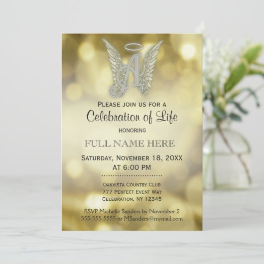 Feier des Lebens - Gold Bokeh Einladung (Stehend Vorderseite)