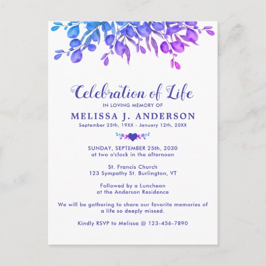 Feier des Lebens Lila Eukalyptus Beerdigung Einladungspostkarte (Vorderseite)