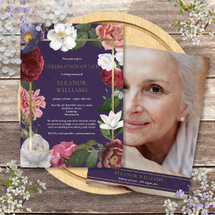 Feier des Lebens Lila Gold Rose Florale Foto Einladung