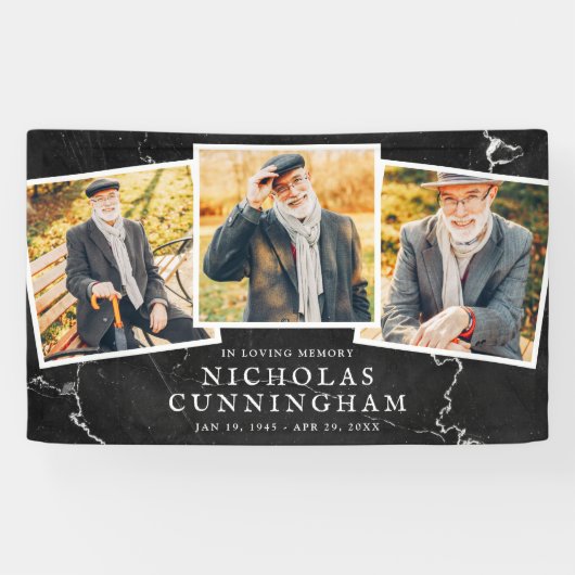 Feier des Lebens Moderner Dunkler Stein Drei Foto Banner (Horizontal)
