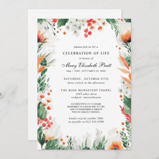 Feier des Lebens Orange Beerdigung der weißen Blüt Einladung (Vorne/Hinten)