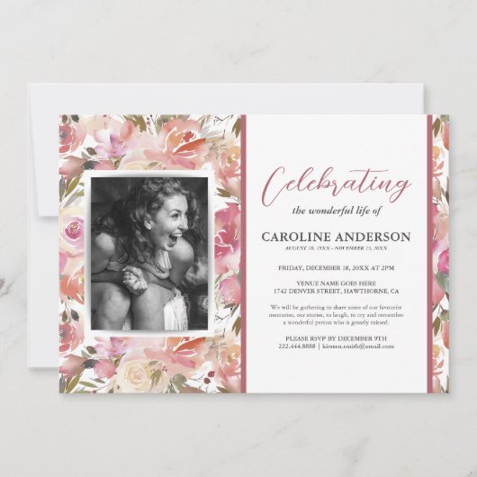 Feier des Lebens Rosa Foto Einladung (Vorderseite)