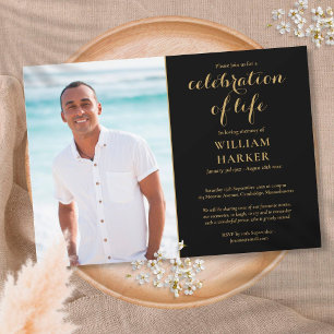 Feier des Lebens Schwarz und Gold Beerdigungsfoto Einladung