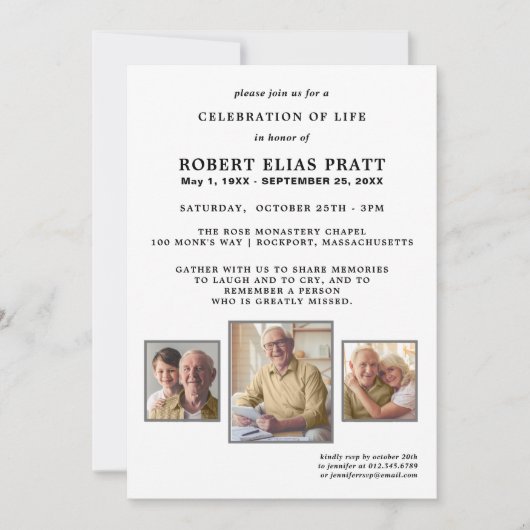 Feier des Lebens Schwarz-weiß 3 Foto Einladung (Vorderseite)