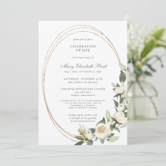 Feier des Lebens Weißrosengrün Einladung (Stehend Vorderseite)