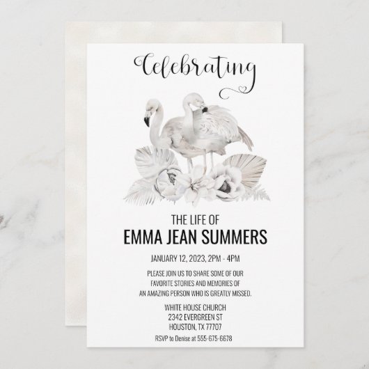 Feier des Lebens White Flamingo Boho Tropical Einladung (Vorne/Hinten)