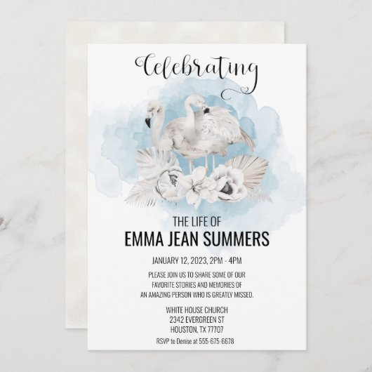 Feier des Lebens White Flamingo Boho Tropical Einladung (Vorne/Hinten)