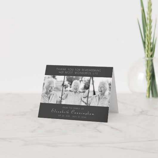 Feier ihres Lebens Moderne einfache drei Fotos Dankeskarte (Vorderseite)