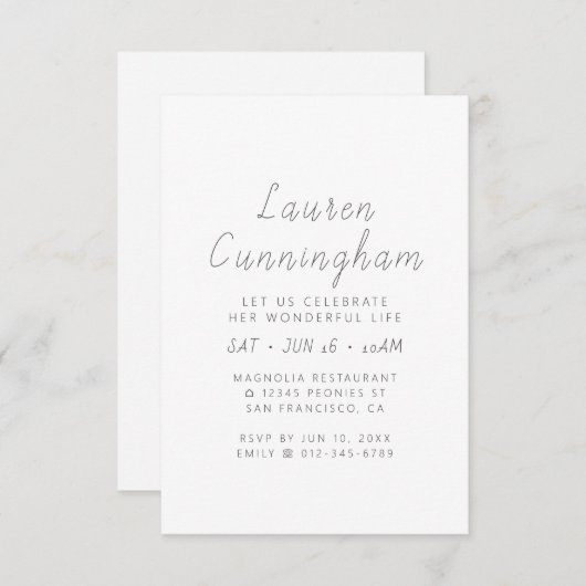 Feier ihres wunderbaren Lebens Moderne Einfach Einladung (Vorne/Hinten)