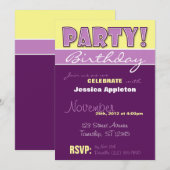 FEIER! Lila und gelbe Geburtstagseinladungen Einladung (Vorne/Hinten)