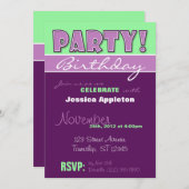 FEIER! Lila und grüne Einladungen zum Geburtstag (Vorne/Hinten)