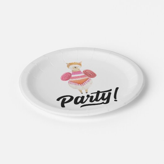 Feier! Wasserfarbe Llama Pappteller (Schrägansicht)