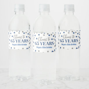 Feier zu 65 Jahren Blue Silver Confetti Geburtstag Wasserflaschenetikett