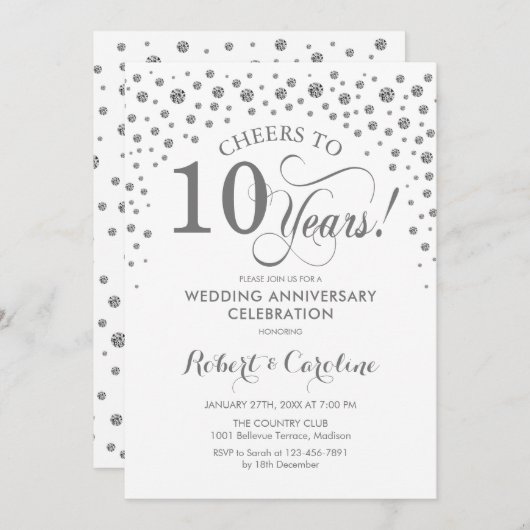Feier zum 10. Jubiläum - Silver White Einladung (Vorne/Hinten)