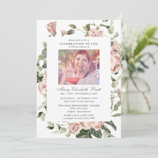 Feier zum Foto des Lebens Rosa Rose Einladung (Stehend Vorderseite)