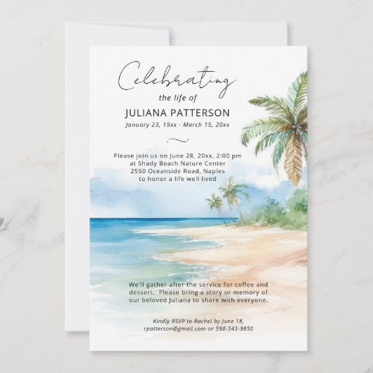 Feier zum Foto Tropical Beach Beerdigung Einladung (Vorderseite)