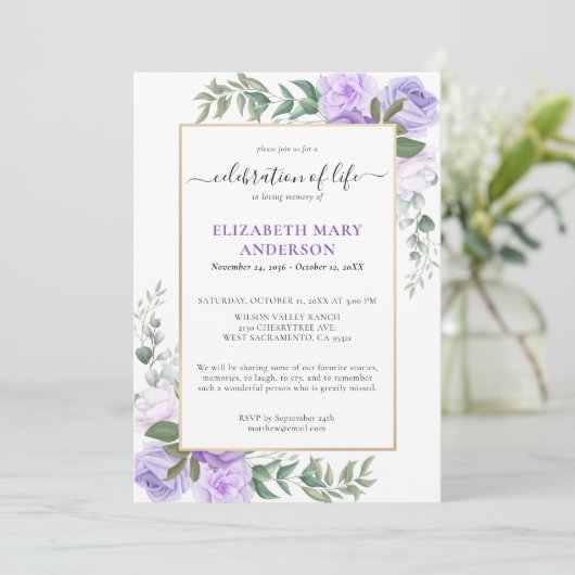 Feier zum Gedenken an das Leben Lila Blüte Einladung (Stehend Vorderseite)