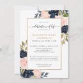 Feier zum Gedenken an das Leben Rosa Navy Blue Gol Einladung (Vorderseite)