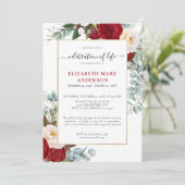 Feier zum Gedenken an das Leben Rote Weiße Blüte Einladung (Stehend Vorderseite)