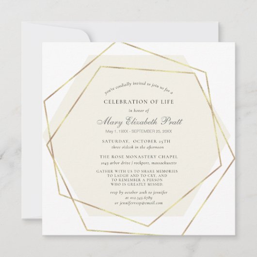 Feier zum Leben Beerdigung Gold geometrischer Rahm Einladung (Vorderseite)