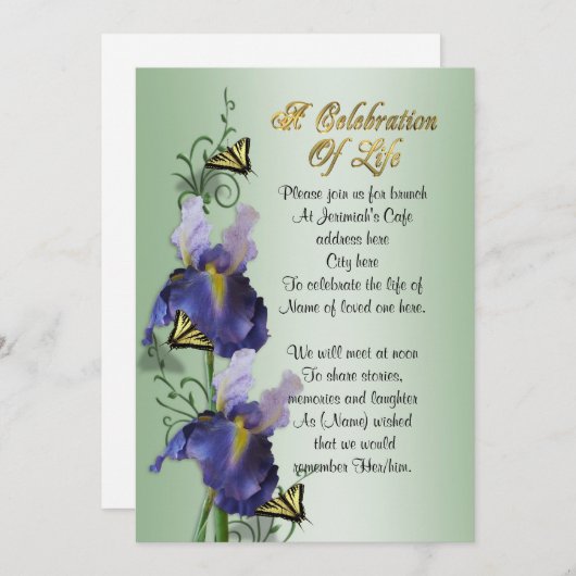 Feier zum Leben Einladung Iris und Schmetterling (Vorne/Hinten)