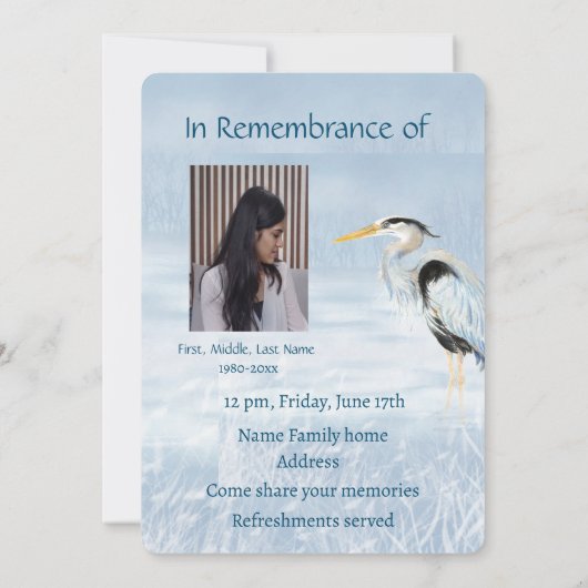 Feier zum Lebensdienst Große Blaue Heron-Vogel Einladung (Rückseite)