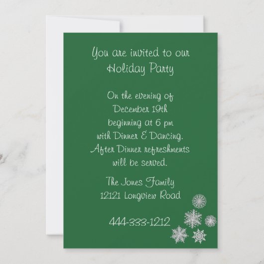 Feierabend Einladung Grün, Schneeflocke im Ziersti (Rückseite)