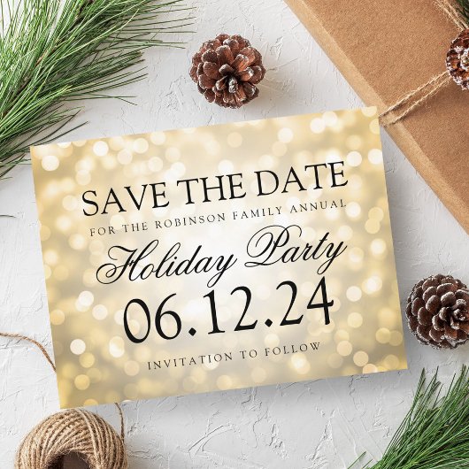 Feierabend Save the Date Gold Glitzern Lights Ankündigungspostkarte