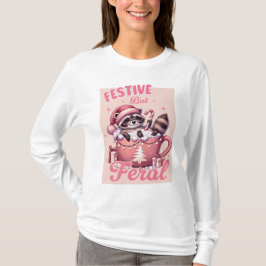Feierlich aber Feral Raccoon Rosa Weihnachten T-Shirt