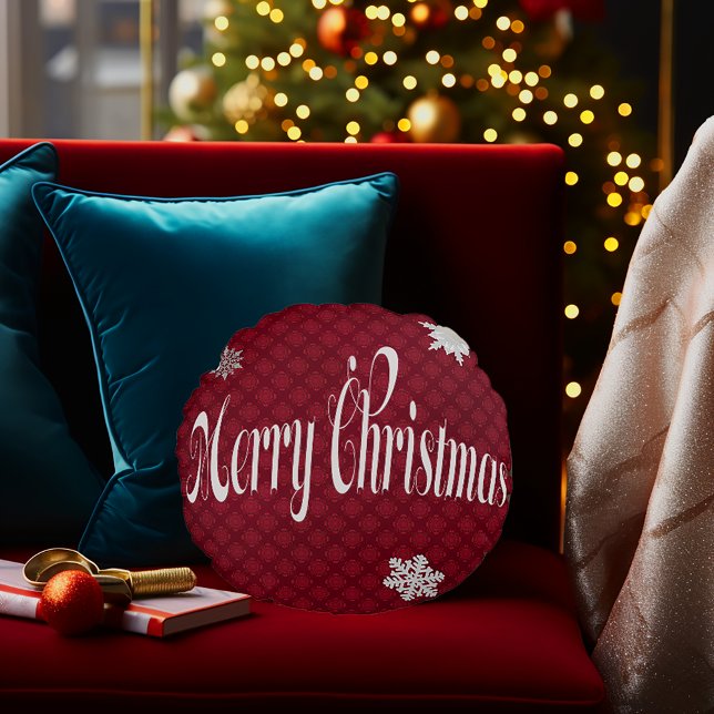 Feierlich Rot frohe Weihnachten Verschönert dekora Rundes Kissen (Merry Christmas Round Embellished Script Holiday Decorative Pillow
)