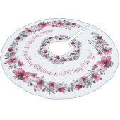 Feierlich, rot, weiß, blumenreich, frohe Weihnacht Polyester Weihnachtsbaumdecke (Schrägansicht)