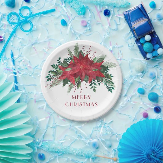 Feierliche Blumenrote Poinsettia Frohe Weihnachten Pappteller (Party)