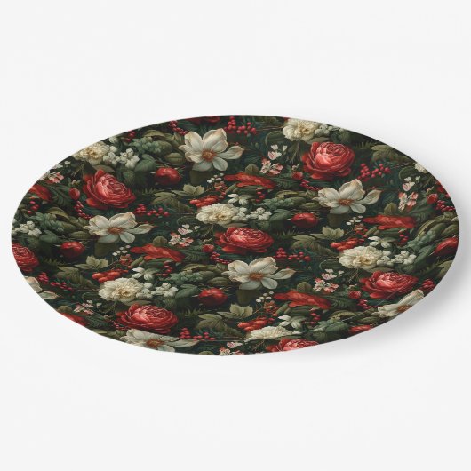 Feierliche bunt Weihnachten Rose, Pine und Holly Pappteller (Schrägansicht)