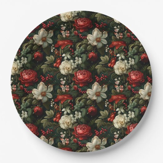 Feierliche bunt Weihnachten Rose, Pine und Holly Pappteller (Vorderseite)