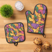 Feierliche chaotische Doodle Ofenhandschuh & Topflappen-Set (Oben Unten)