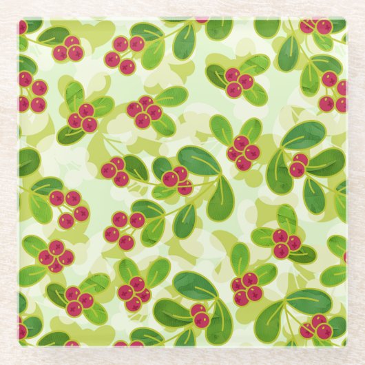 Feierliche Cranberry Fruchtmuster, grün Glasuntersetzer (Vorderseite)