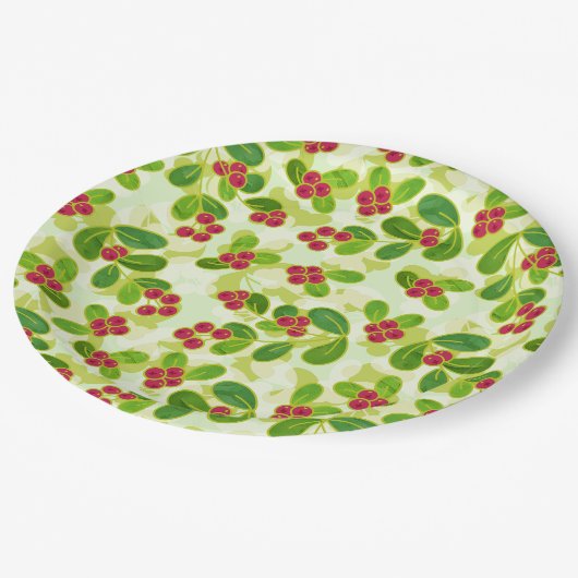 Feierliche Cranberry Fruchtmuster, grün Pappteller (Schrägansicht)