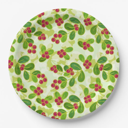 Feierliche Cranberry Fruchtmuster, grün Pappteller (Vorderseite)