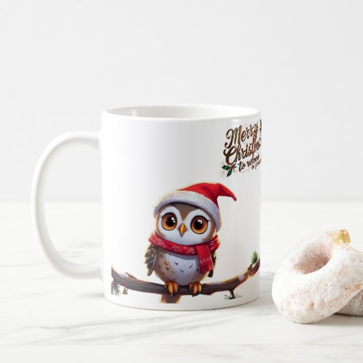 Feierliche Eule in einer Weihnachtsmannmütze Kaffeetasse (Mit Donut)