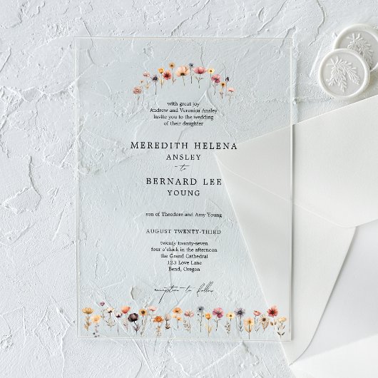 Feierliche farbenfrohe Blumenhochzeit Acryleinladungen