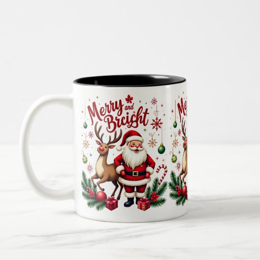 Feierliche Feier mit dem Weihnachtsmann & Rentier Zweifarbige Tasse (Links)