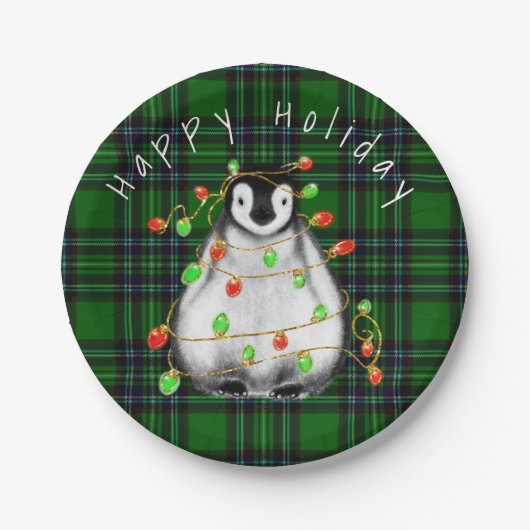 Feierliche Feier Pinguin, blinkende rote grüne Lic Pappteller (Vorderseite)