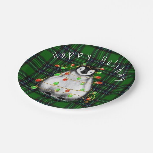 Feierliche Feier Pinguin, blinkende rote grüne Lic Pappteller (Schrägansicht)