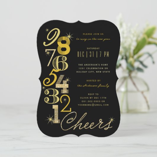Feierliche Feier zum Jahreswechsel im Glitzer des Einladung (Stehend Vorderseite)