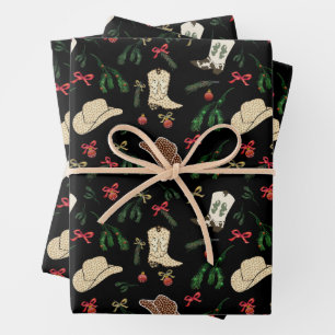 Feierliche Feiertage Cowboy Rodeo Muster Schwarz Geschenkpapier Set