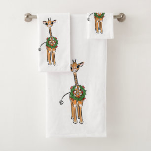 Feierliche Feiertage Giraffe mit Holly Wreath Badhandtuch Set