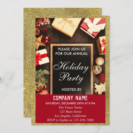 Feierliche Feiertage Red & Gold Glitzer Einladung (Vorne/Hinten)